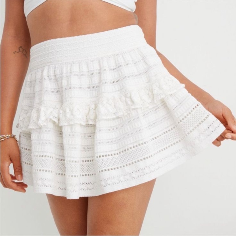 aerie white rock n ruffle lace crochet tiered skirt